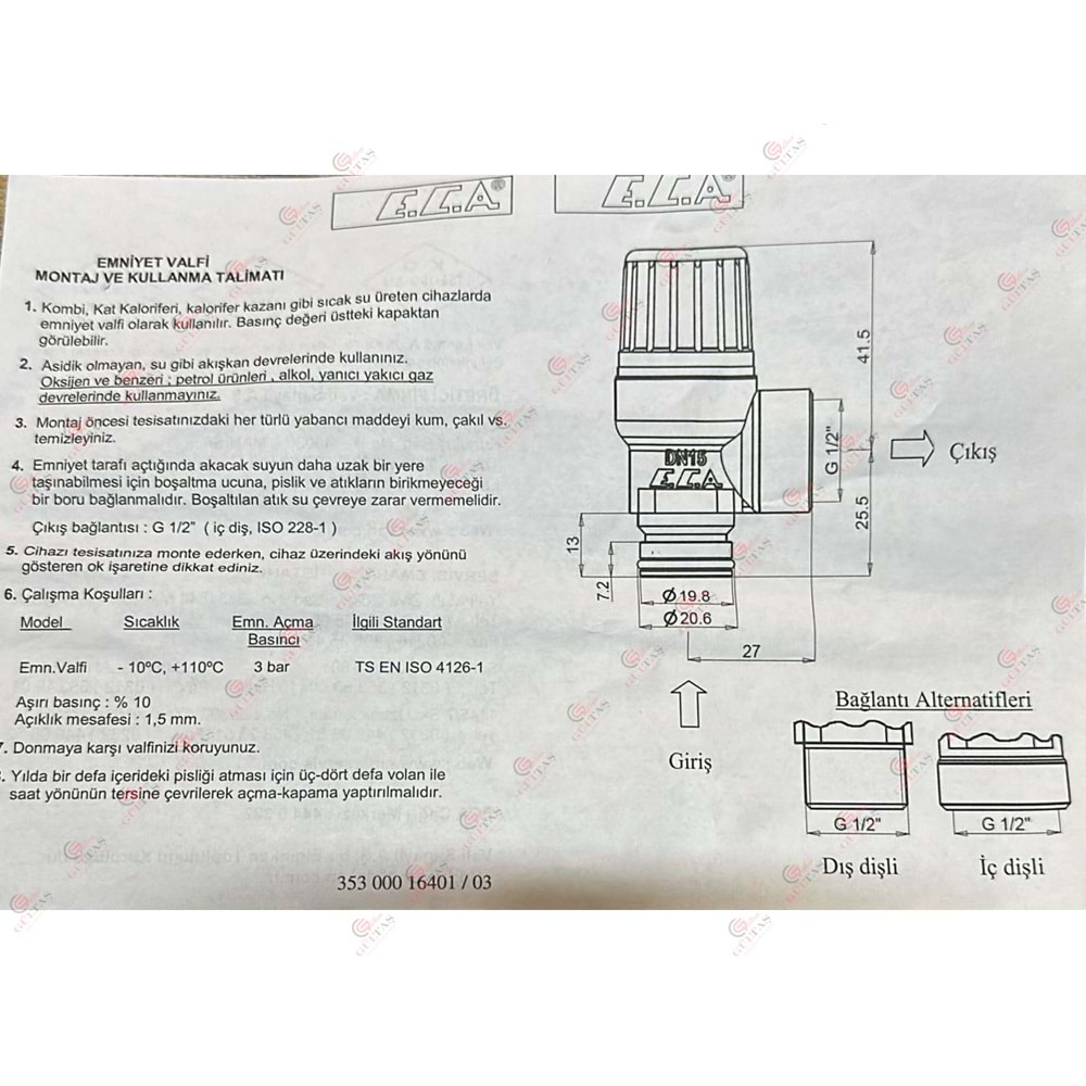 Eca Baymak Geçme 3 Bar Emniyet Ventili (orjinal)